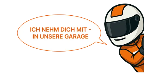 Comic-Rennfahrer mit Helm und Sprechblase: „Ich nehm dich mit – in unsere Garage“